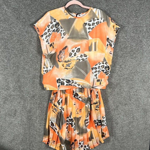 ESCADA Abstract Print 2 Pc Set Top + Skirt Womens Size 14 Orange Gray Midi - Picture 1 of 12